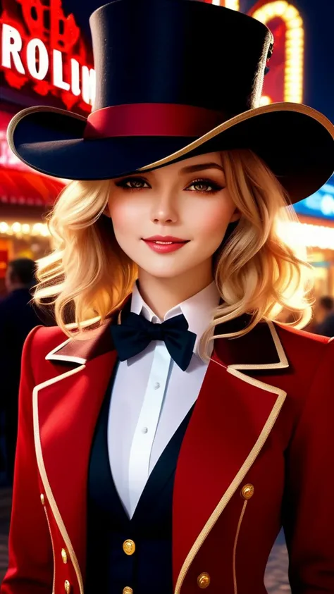 full shot, (((masterpiece))), (hyperrealism:1.5), High Detail RAW color Photo, Stunning young french girl, beautiful girl, model girl, (outside moulin rouge), night, red steampunk ringmaster tailcoat, hat, Cigarillo with smoke rising, seductive grin, smokey eye shadow, high detail skin, high detail eyes, seductive eyes, smokey makeup, wild blonde hair, Wavy Cut with Curtain Bangs, high detail hair, long wavy hair, detailed clothing, intricate clothing, beautiful Super Detailed, Best Quality, Professional Lighting, Cinematic Lighting, beautiful dramatic lighting, shallow depth of field, physics-based rendering, 8k, Bokeh, highest quality, ultra high resolution, professional, 4k, highly detailed,
