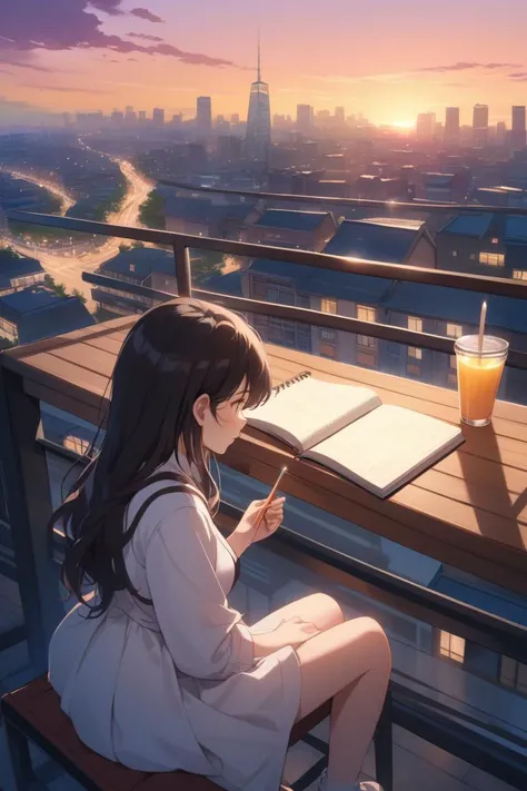 A thoughtful anime girl with long, flowing black hair, sitting at a rooftop café overlooking the city at sunset, sketching the skyline in her notebook as the city lights begin to twinkle.