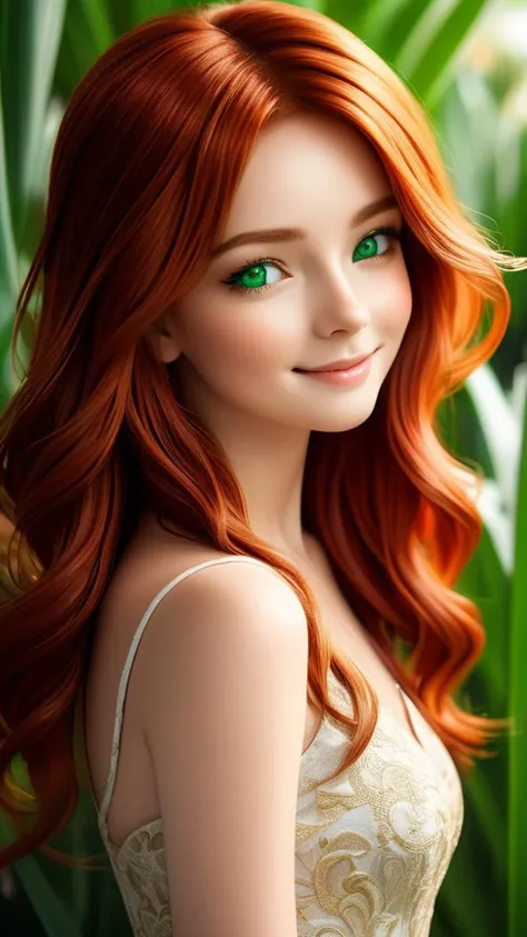 professional photograph occsan This girl is a total bombshell, with fiery red hair that falls in waves down past her shoulders. Her eyes are a deep shade of green, framed by thick lashes that make them seem even larger than they already are. She has a smile that could melt ice and a voice that's as smooth as silk. slim, thin, small waist microwaist (real-looking-skin), (real-looking-eyes-iris, ((video grainyfilm)), natural cinematic lighting, ((professional photo highly defined)) realistic, best quality, photo-realistic 8k, best quality, masterpiece, realistic, photo-realistic