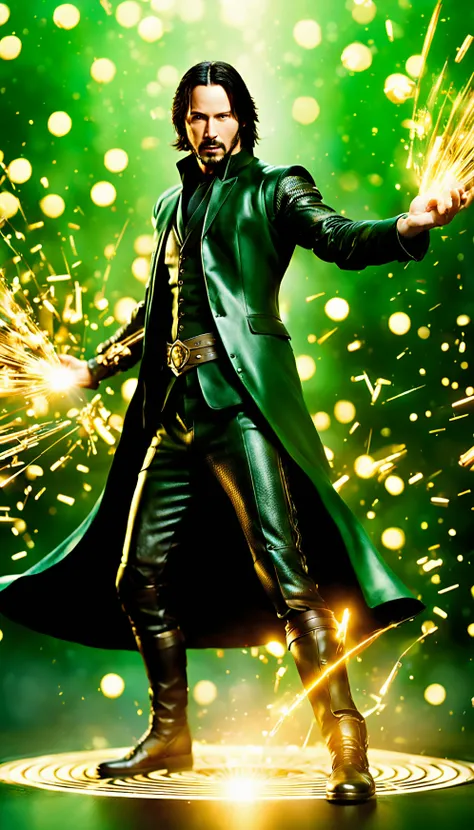 Keanu Reeves, arcane wizard arms out casting a golden spell, (green matrix code background:1.1), tilt-shift, black cloth trim, gunmetal armor, symbols, particles, embers, magic, texture, intricately detailed, theatrical lighting, action pose, amazing, highly detailed, sharp focus, trending, bokeh, field of view