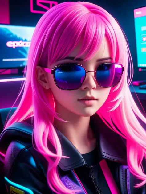 amazingly detailed, masterpiece, ultra hd, full shot, dynamic angle, beautiful girl, computer gamer, gaming computer, gaming chair, playing cyberpunk 2077, neon bedroom, streamer setup, (korean:0.3, european:, celtic:0.4), cyberpunk theme, wild long hair, Wavy Cut with Curtain Bangs, bubblegum pink hair, high detail hair, smokey eye shadow, high detail skin, high detail eyes, seductive eyes, smokey makeup, slender body, toned body, perfect face, slim athletic body, (perky small breasts:0.75), (cold attitude, eyeshadow, eyeliner:1. 6), vibrant colors, beautiful, dramatic lighting, shallow depth of field, Ultra-realistic, focused shot, (epic composition, epic proportion),