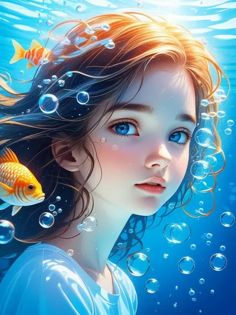 abstract background,(illustration:1),masterpiece,best quality,detailed face and eyes,1 girl,underwater hair physics,air bubbles,light coming through water,reflections,laying in water,split layers of water,school of fish,beauty,