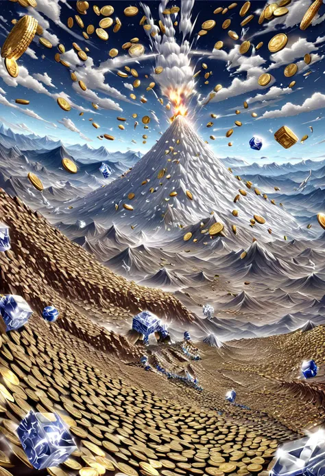 a photo, a sliver coin, 1 oz sliver coin a world of sliver coins, coin mountains, coins everywhere, rolling landscape filled with sliver coins, vast view over looking sliver mountains and hills made of sliver coins, sliver rivers, sliver land, cube world of sliver coins, artistic, wide angle, a volcano erupting, sliver coins erupting from a volcano, coins raining, falling coins