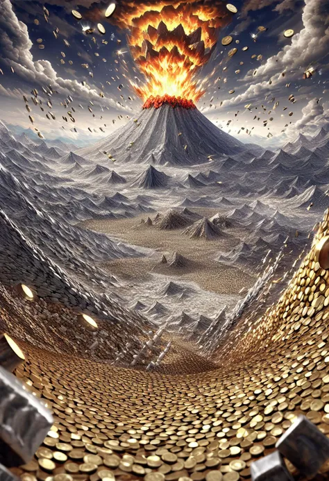 a photo, a sliver coin, 1 oz sliver coin a world of sliver coins, coin mountains, coins everywhere, rolling landscape filled with sliver coins, vast view over looking sliver mountains and hills made of sliver coins, sliver rivers, sliver land, cube world of sliver coins, artistic, wide angle, a volcano erupting, sliver coins erupting from a volcano, coins raining, falling coins