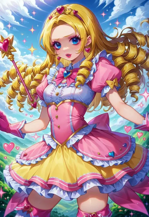 score_9, score_8_up, score_7_up, 1girl, solution, long hair, blonde hair, blue eyes, drill hair, parted bangs, forehead, masterpiece, best quality, absurdres, (pastel theme) magical girl, puffy magical girl dress, pastel colors, kawaii, frilled skirt, thighhighs, puffy short sleeves, gloves, tiara hairband, gem brooch, bow, ribbons, lace trim, frills, frilled fabric, sparkles, glitter,
lipstick, long eyelashes, eyeshadow, eyeliner, mascara, makeup,
outdoors, nature, clouds, heart earrings, heart accessories, jewelry, frilled boots, solo, magical girl pose, holding magical girl wand