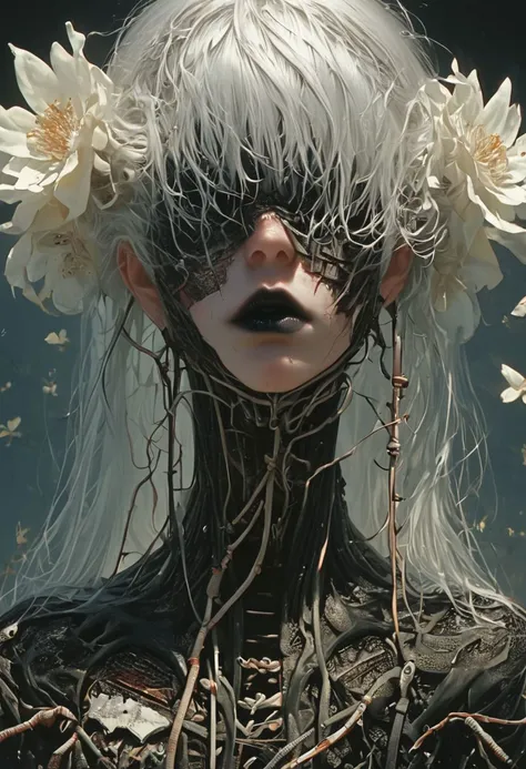 score_9, score_8_up, score_7_up, score_6_up, score_5_up, score_4_up, <lora:cr34tur3g0r3XLP:0.8> cr34tur3g0r3, 1girl, flowers, cyborg, wires, broken, white hair, messy hair, hair covering eyes, hair over eyes, blunt bangs, black lipstick, robot