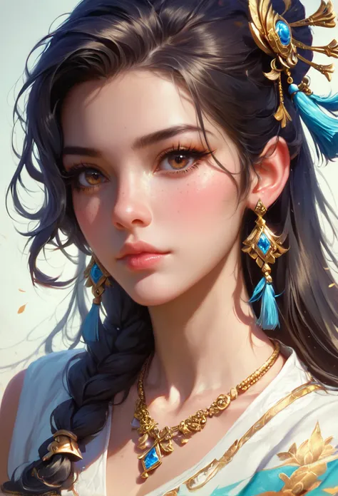 score_9, score_8_up, score_7_up, 1girl, solo, long hair, looking at viewer, black hair, hair ornament, brown eyes, jewelry, closed mouth, upper body, earrings, necklace, lips, eyelashes, tassel, portrait, freckles, realistic, gold