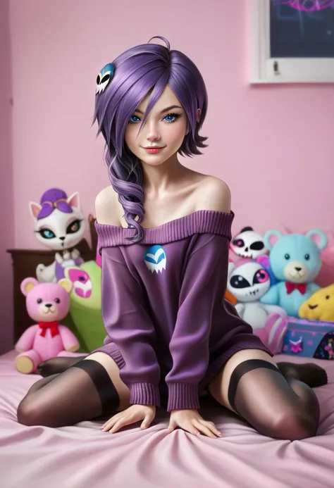 (masterpiece, best quality), 1girl, <lora:newgrounds_zone-tan:0.8> zone-tan, hair over one eye, ahoge, drill hair, skull hair ornament, off-shoulder sweater, thighhighs