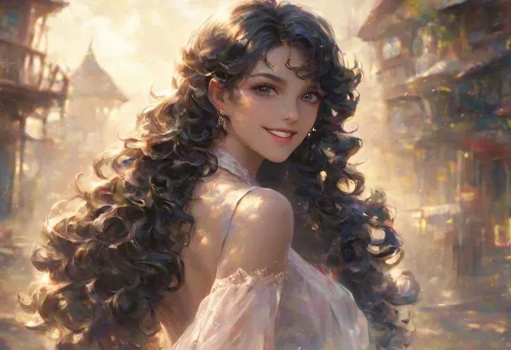 digital painting, 1girl, woman, beautiful, f/1.4 lens, bokeh, tiny iridescent coral Primrose pixie, see-through gossamer, color drain, bombshell hair, obsidian black hair, curly hair, long hair, hourglass figure, tanned skin, cheerful fantasy town in an Astral Plane, Sassy grin, silk bandana,