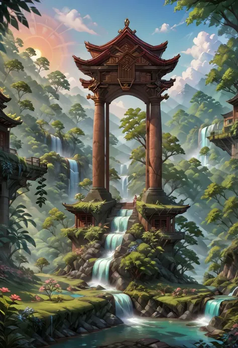 Massive, expansive, huge, gigantic, vast shrine, eldritch complex line work,anime background wallpaper styled, caspar friedreich, jnw turner, rutowski, Garden of words high quality stylized cinematic masterpiece,top_source, arafed, Source_anime, underground ancient temple, massive stone pillars and columns, volumetric lightings, dramatic lighting, overgrown ancient library, abandoned hallowed halls, King's chamber, god rays, stained glass, multidimensional, o psychedelic trippy, beautiful, Albert bierstadt fantasy styled masterpiece, lush forest jungle, elaborate intricate fine detailed scenery and gorgeous landscape, sunset, incredible view, 
score_9, score_8_up, score_7_up, tasvisuals
rating_safe, beautiful forest,waterfall, river, trees, shrubs, flowers, Expressiveh