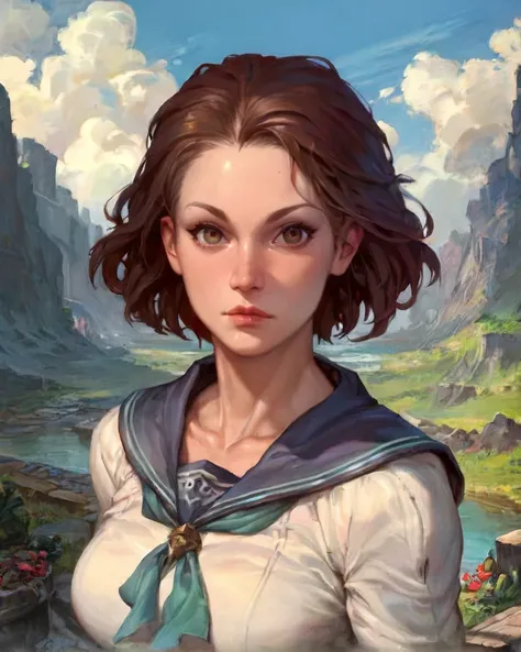 D&D style portrait, fantasy, zPDXL, (score_9, score_8_up, score_7_up,) complex background, detailed scenery, uhd, ((fantasy sailor)), dynamic pose, BREAK 1girl, solo, rugged mature female, short hair, looking at viewer, upper body, confident, standing, outdoors, docks background, <lora:rpg_portrait:1> rpg portrait,