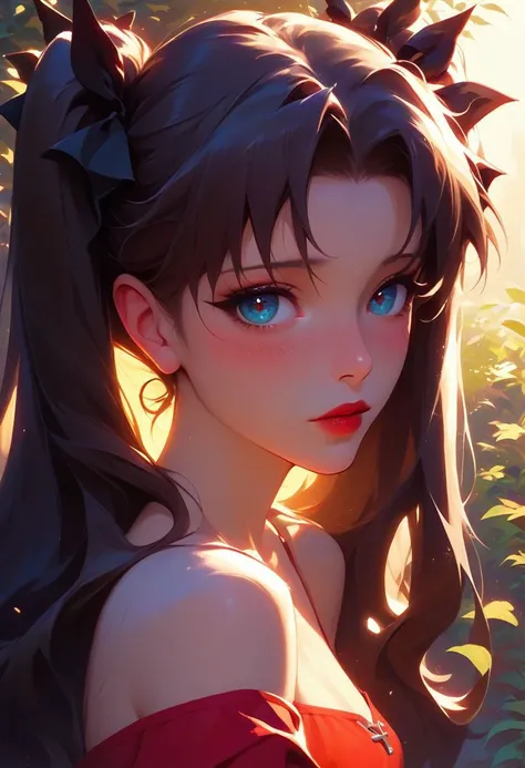 score_9, score_8_up, score_7_up, beautiful girl, tohsaka rin, twin ponytail, outdoor, seductive, blushing, shy, small breasts, looking at viewer, portrait, makeup, red lips, beautiful eyes, dramatic lighting