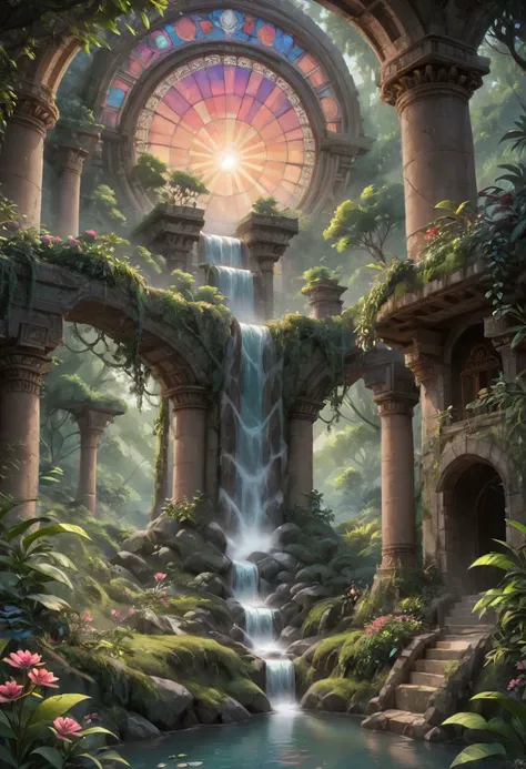 Garden of words high quality stylized cinematic masterpiece,top_source, arafed, Source_anime, underground ancient temple, massive stone pillars and columns, volumetric lightings, dramatic lighting, overgrown ancient library, abandoned hallowed halls, King's chamber, god rays, stained glass, multidimensional, o psychedelic trippy, beautiful, Albert bierstadt fantasy styled masterpiece, lush forest jungle, elaborate intricate fine detailed scenery and gorgeous landscape, sunset, incredible view, 
score_9, score_8_up, score_7_up, 
rating_safe, beautiful forest,waterfall, river, trees, shrubs, flowers, Expressiveh