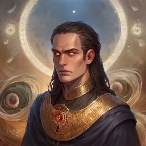 score_9, score_8_up, score_7_up, 1boy, portrait, solo, from side, side view, half shot, looking at viewer, detailed background, detailed face, (occult, cultist theme:1.1), ancient oracle, (glowing eyes:1.1), all-seeing eyes, serious, profound vision, dark-orange robes, long sleeves, magical gemstones, mirror, swirling arcane symbols radiating from body, glowing magic weaves drifting from eyes, projecting ethereal energy, dark gathering clouds in background, moonlit night, gentle breeze, ethereal atmosphere, epic composition,