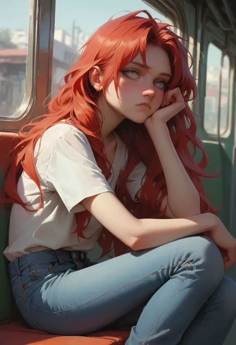 score_9, score_8_up, score_7_up, score_6_up, 1girl (long hair, grey eyes, red hair, Jeans, Basic top, small breasts), d3t41l3d, Metro Station, waiting, bored,