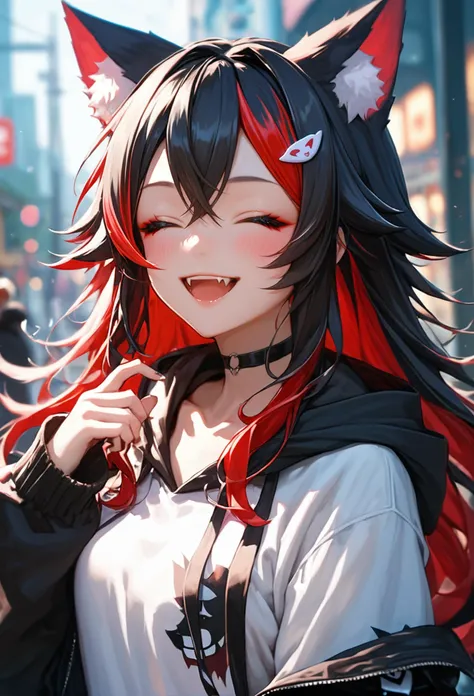 score_9, score_8_up, score_7_up, 1girl, solo, long hair, blush, smile, open mouth, bangs, black hair, hair ornament, long sleeves, animal ears, hair between eyes, closed eyes, upper body, :d, red hair, multicolored hair, choker, hairclip, virtual youtuber, hood, blurry, streaked hair, animal ear fluff, hoodie, blurry background, ^_^, fangs, black choker, wolf ears, hood down, animal print, facing viewer, wolf girl, black hoodie, white hoodie, ookami mio