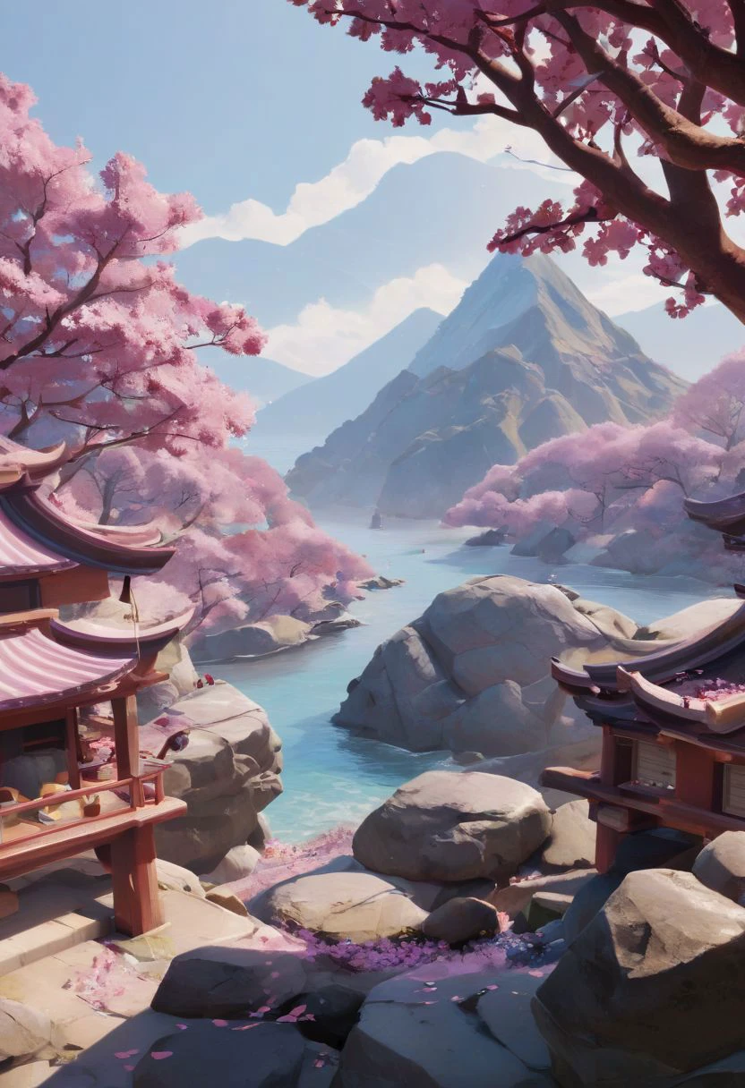 score_9, score_8_up, score_7_up, BREAK, flower, outdoors, , no humans, owsstyle, traditional Japanese buildings, cherry blossom trees, sea, rocks, Mount Fuji,