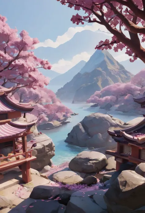 score_9, score_8_up, score_7_up, BREAK, flower, outdoors, , no humans, owsstyle, traditional Japanese buildings, cherry blossom trees, sea, rocks, Mount Fuji,