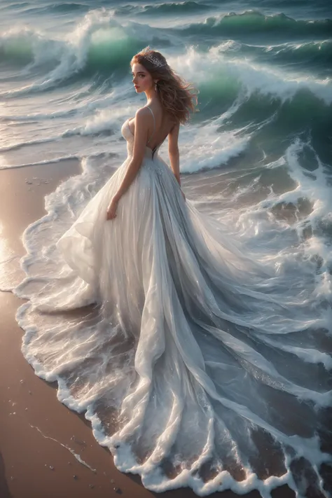 score_9,score_8_up,score_7_up,(masterpiece),(photorealistic),(intricate details),ultra-detailed,very aesthetic,backlighting,shiny,sparkling,elegant,
queen,1girl,long hair,cleavage,white dress,dress,wet clothes,walking,luxurious costume,delicate fabrics,
((beautiful detailed water)),water,waves,ocean,((water drops)),wind_lift,((floating)),cirrus,looking_at_viewer,looking_back,from_above,dynamic_angle,
<lora:0c34nXLP:0.6>,0c34n,
zPDXLrl,
