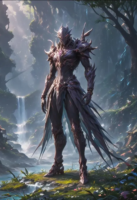 score_9, score_8_up, score_7_up, there is a man standing in a forest with a waterfall, destiny concept art, concept art , concept art, destiny art, concept world art, warframe destiny art, environmental concept art, environment and concept art, concept art. epic landscape, concept art stunning atmosphere, environmental key art, concept art scene, colorful concept art, concept art!, pristine concept art