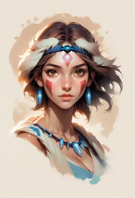 Faded Headshot, faded bottom, faded edges ,score_9,score_8_up,score_7_up,score_6_up,score_5_up,
1girl, San(/Princess Mononoke)/,(ultra HD quality details), pale skin, brown hair, facepaint, brown eyes, short hair, headband, crystal necklace,
holding polearm, 
, digital illustration, disney, rule 63, full body, perfect anatomy, perfect face, butt showing esthetically, abstract beauty, beautiful, centered, looking at the camera, approaching perfection, dynamic, moonlight, highly detailed, watercolor painting, artstation, concept art, smooth, sharp focus, illustration, 
(upper body:1.2), (close up:1.5), portrait, huge breasts, deep cleavage,