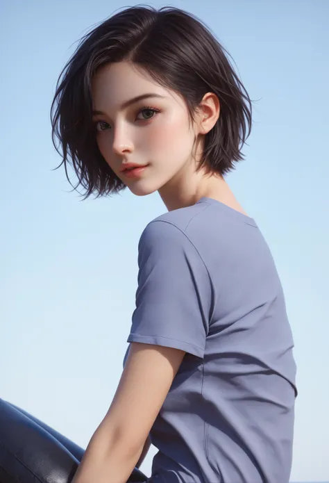 score_9, score_8_up, score_7_up, A hyper realistic ultra detailed photo of beautiful woman, short hair ,  black  hair, ultrarealistic, cute, petite body, perky boobs, <lora:perfect-eyes:0.8> perfecteyes, from behind , lower body  , close up, portrait, looking at viewer, love  ,  sitting  ,  casual outdoor background, wearing T-shirt , leather pants