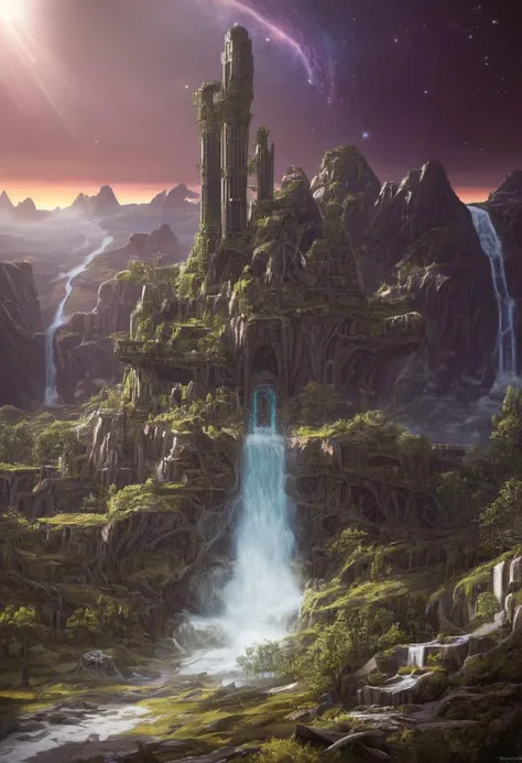 trending on art station, landscape, high-resolution, detailed texture, (emotional depth, dramatic mood, serene atmosphere:1.1), 8k, highly detailed, detailed background, ambient light, volumetric lighting, score_9, score_8_up, score_7_up, wind, alien forest, detailed alien trees, detailed rocky path, detailed mountains, detailed waterfall,(alien sky, nebula:1.2), distant alien city, tall tower, technological ruins, scifi ruins, alien ruins