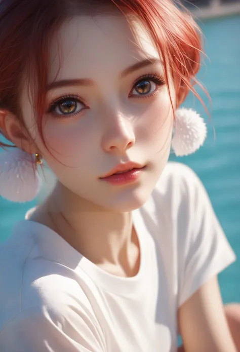 score_9, score_8_up, score_7_up, A hyper realistic ultra detailed photo of beautiful woman, fancy hair , red hair, ultrarealistic, cute, petite body, perky boobs, <lora:perfect-eyes:0.8> perfecteyes, , lower body , close up, portrait, looking at viewer, amusement , kneeling , casual outdoor background, wearing Short-sleeved shirt , pom-pom pants