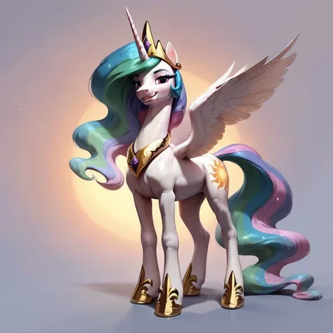 score_9, score_8_up, score_7_up, score_6_up, score_5_up, score_4_up, Princess Celestia, alicorn, mlp, slender pony, standing half-turned to the viewer, ( leg raised), full-length, looking at the viewer, smiling, wings spread, high facial detail, realistic fur, realistic wings, camera at eye level, digital art, realistic, zPDXL,