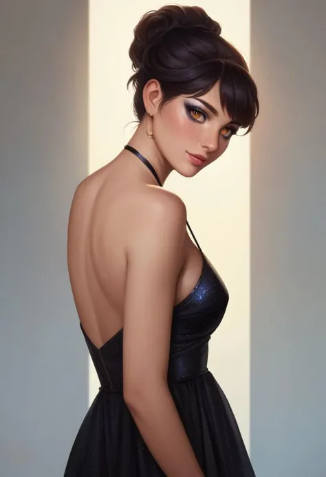 score_9, score_8_up, score_7_up, score_6_up, score_5_up, score_4_up score_9,score_8_up, digital art, female portrait, realistic 3D illustration, amber eyes, black hair, elegant updo, soft lighting, contemplative expression, detailed background, subtle makeup, high-resolution, detailed texture, emotional depth, dramatic mood, classic black Cocktail dress, side profile, looking at viewer, serene atmosphere, cinematic lighting.
