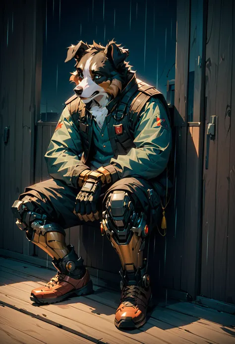 (anime art of score_9, score_8_up, score_7_up, score_6_up, source_furry, Anthro full body sad male (((rough collie))) with cyberpunk enhancements. In a old rundown cyberpunk house looking outside the window. Lightning strike in the background lighting up the area, with rain outside. High details, 8k, science fiction), masterpiece, 4k, best quality, anime art<lora:BioPunky:1>