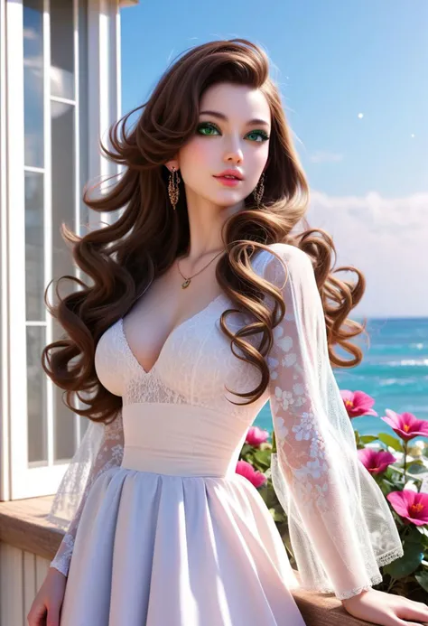 score_9, score_8_up, score_7_up, score_6_up, score_5_up, score_4_up, realistic, hyper realistic, real life, analog style, raw, photo, a modern house, white walls, large windows, white terrace roof, a lots of beautiful flowers in foreground,bokeh, (1girl), small waist, long curly brown hair, green eyes, mascara, glossy lips, standing near the window, on a cliff, ocean, Capture the vibrant colors, intricate details, and sense of wonder in the bustling marketplace.