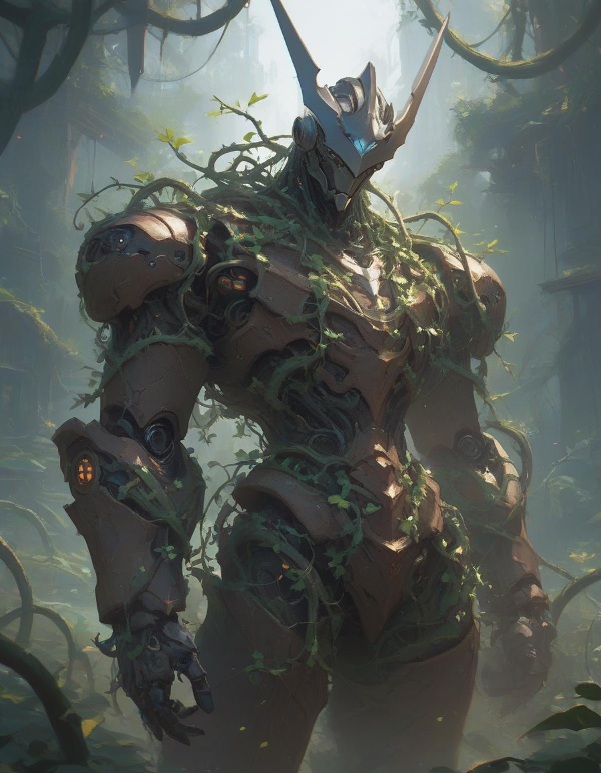 A close up of a robot in a forest with trees - SeaArt AI