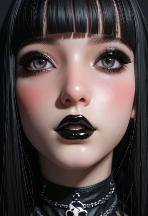 score_9, score_8_up, score_7_up, Close up, real, goth girl, charming face, black hair, hime cut, black lipstick, blushing, composed face, looking up at viewer