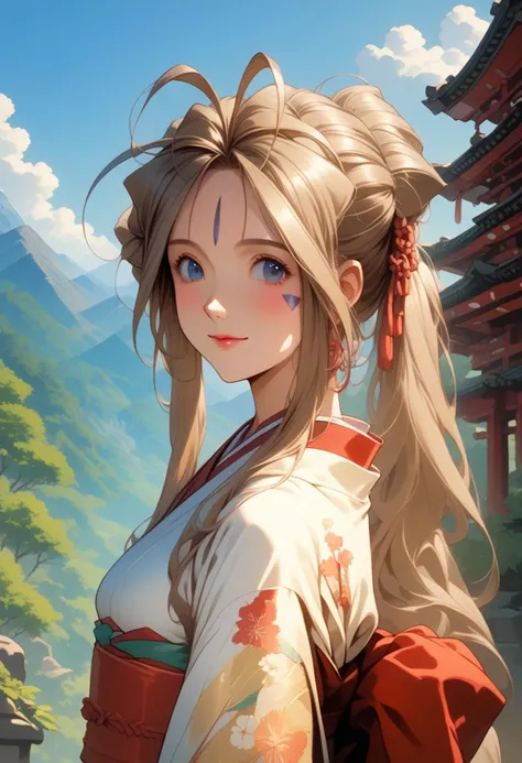 score_9, score_8_up, score_7_up, score_6_up, masterpiece, ultra detailed, best quality, source_anime, Expressiveh, BREAK, 1girl, smile, (closed mouth, Belldandy), kimono, Japanese clothes, eastern temple, mountains, forest, day, cowboy shot, (detailed face, detailed eyes)