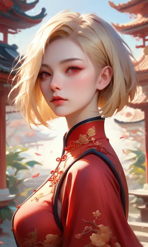 score_9, score_8_up, score_7_up, score_6_up, semi realistic, blonde hair, bob cut, red eyes, freckles, short hair, realistic lighting, detailed face, upper body, xian xia, chinese sword, chinese garden, hanfu, tang style outfits,<lora:hanfuTang_v32:0.7>