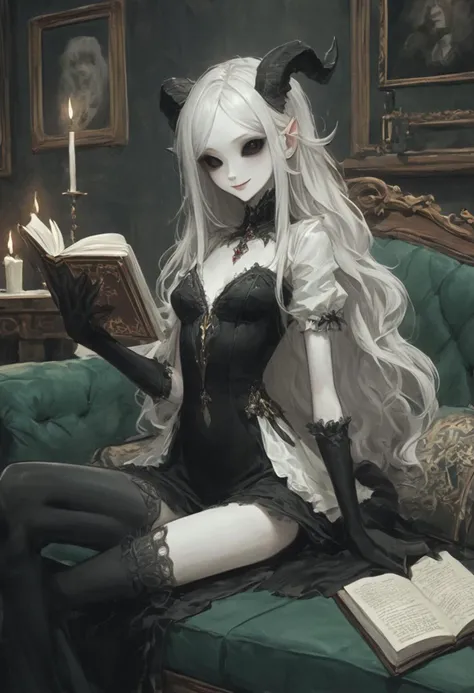 picture of skinny slim girl colored sclera black eyes cute smile pale white skin demon small horns ( black gradient arms:1) white hair elegant Victorian dress cleavage holding book "DARK MAGIC"   sitting on comfortable couch. Table with candle nearby.   <lora:WB2.2:0.8>