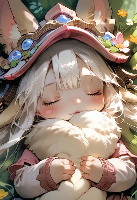 score_9, score_8_up, score_7_up, source_cartoon, 1girl, nanachi, \(made in abyss\)/,(ultra HD quality details), green eyes, white hair, furry, animal ears, tail, sidelocks, solo, adorable nanachi, sleeping on a flower, sleeping, (tiny size, sleeping:1.2), blushing, moaning, (puffy pants, helmet, long hair, ears through headwear:1.1), colorful detailed flower background, (detailed image, high resolution, 5k resolution:1.0), Expressiveh,