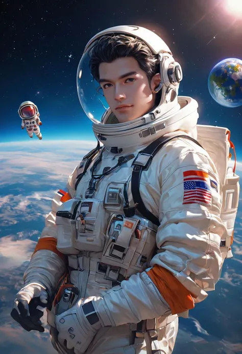 score_9, score_8_up, score_7_up, i want the whole image to be created in 3D anime style, black haired man, floating, looking at viewer, at space, rainbow, stars, planets, astronaut helmet