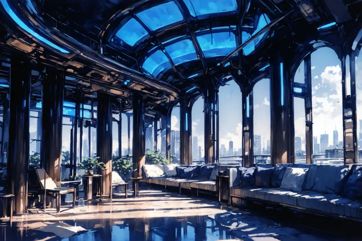 score_9, score_8_up, score_7_up, score_6_up, no humans, scenery, indoors, empty, corporate building interior, sleek, clean, blue glowing lines, vents, cinametic, dark, shadowy, cyberpunk, (shirow masamune:1.3), (kishiro yukito:1.3), 2000s, manga, scan