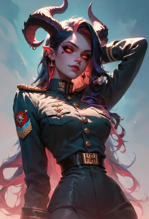 score_9, score_8_up, score_7_up, rating_questionable, Mysterious female demon with piercing eyes, horns that curve behind her head, and skin that shimmers like the night sky. Dark, mystical atmosphere, sexy summer military uniform, two colors hair