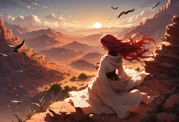 score_9, score_8_up, score_7_up, score_6_up, standing on a mountaintop overlooking landscape, scenery, landscape, 1girl, woman, long hair, red hair, sitting, from side, portrait, very long hair, head wrap, flowing in the wind, from behind, bird view, from above, desert, dunes, black sun, solar eclipse, shawl, (looking afar:1.1), red sand, dry, <lora:Pony_DetailV2.0:1.0>