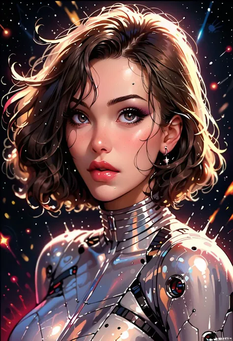 score_9, score_8_up, score_7_up, score_6_up,retro futurism, , The image features a woman in a science fiction setting. She is wearing a metallic outfit with armor elements, and her hair is styled into twin tails. In the background, there's an explosion and a backdrop of stars, giving the impression of being in space. The overall composition suggests that she might be a character from a or game.