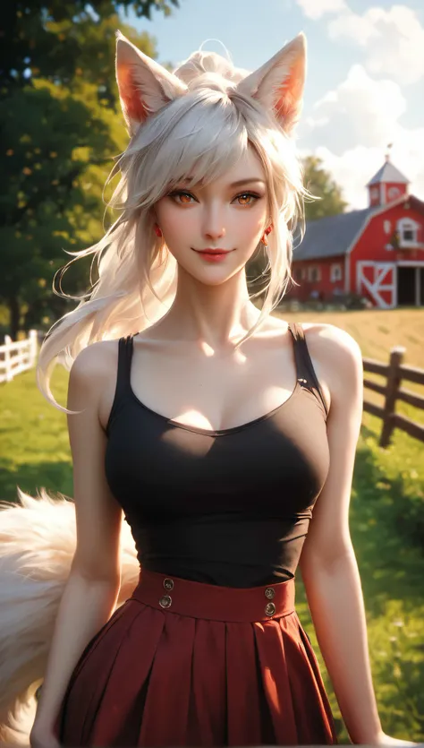 masterpiece, best quality, realistic, realism, analogue photo, score_9, score_8_up, score_8, score_7_up, score_7, score_6_up, score_5_up,
a fox girl with white hair wearing a black top and red skirt, a character portrait, fox tail, fox ears, (sfw) safe for work, teasing smile, full color, outdoors, on a farm, portrait n - 9, full body!, with a ponytail, ((portrait))
<lora:add-detail-xl:0.75>
