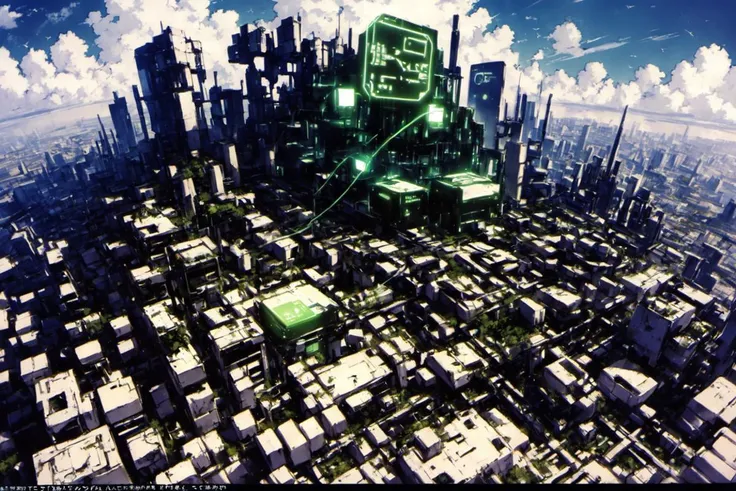 score_6, score_4_up, score_3, score_2_up, no humans, scenery, empty, city, from above, clouds, green, glowing, cyberspace, digital, hologram, geometric, huge structure, shapes, cubes, data structure, architecture, lowpoly, dark, shadowy, cyberpunk, (shirow masamune:1.3), (kishiro yukito:1.3), 2000s, manga, scan