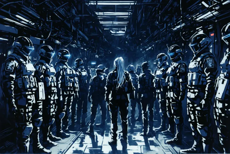 score_6, score_4_up, score_3, score_2_up, multiple boys, commander in center, long hair, cyan hair, ponytail, face covered, foreground, turned away, guarding, standing, formation, tactical, black mask, face shield, rounded, helmet, visor, reflective, straps, mesh, piecemeal armor, carbon fiber, kevlar, glowing lines, ammo, futuristic, dark background, interior, cyberpunk, (shirow masamune:1.3), (kishiro yukito:1.3), 2000s style, manga, scan,