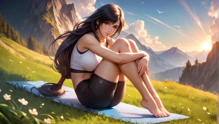 masterpiece, best quality, realistic, realism, analogue photo, score_9, score_8_up, score_8, score_7_up, score_7, score_6_up, score_6, score_5_up, score_5,
1girl, solo, Tifa_Lockhart, red_eyes, black hair, long hair, crop top, low-tied long hair, white tank top, black yoga shorts, barefoot,
yoga pose, butt crack, ass to the viewer, (hugging own legs), legs up, perfect feet,
outdoors, god rays, blue sky, green grass, mountainous horizon, a clearing on top of a mountain, wild nature
<lora:add-detail-xl:0.6>