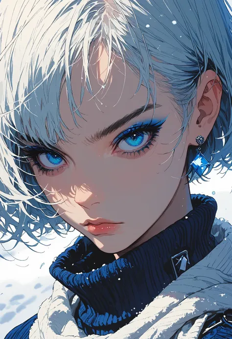 score_9, score_8_up, score_7_up,source_anime,1girl,solo,white hair,short hair,choppy hair,disheveled hair,swept bangs,blue marine eyes,perfecteyes,eyebrows,hair behind ear,little blue eyeshadow,little blue eyeliner,earrings,diamond earrings,blue earrings,high neck sweater,dark blue sweater,white scarf,scarf around neck,looking at viewer,headtilt,snow storm,snowing,snow,close up,siozick,flat colors,closed mouth