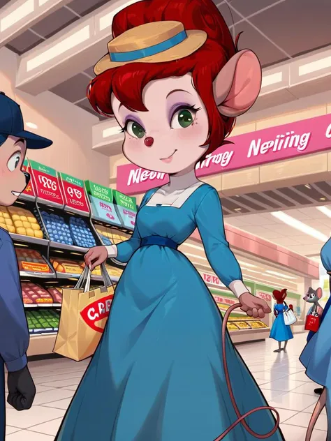 score_9, score_8_up, score_7_up, score_6_up, score_5_up, score_4_up , Nellie_Brie, blue dress, blue sash, hat, shopping bag, storefront, shopping mall, crowd, detailed background, detailed face, detailed eyes, detailed hands, <lora:nellie:1>