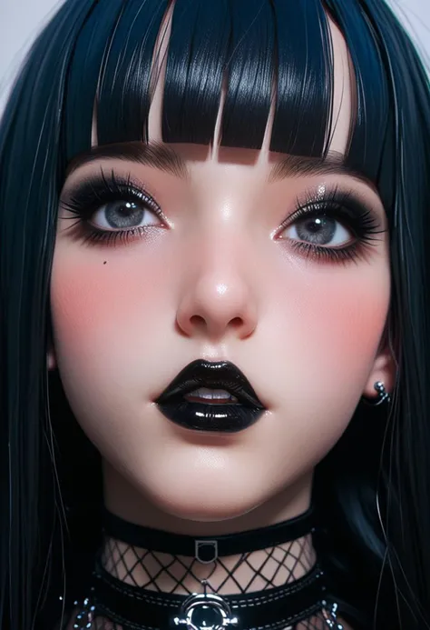 score_9, score_8_up, score_7_up, Close up, real, goth girl, charming face, black hair, hime cut, black lipstick, blushing, composed face, looking up at viewer